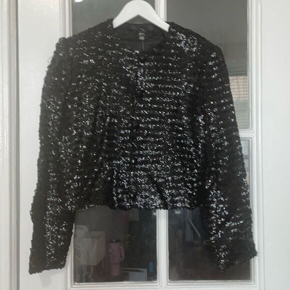 Vintage black sequin cropped long sleeve blazer jacket button down size 6 NWT - Picture 5 of 15